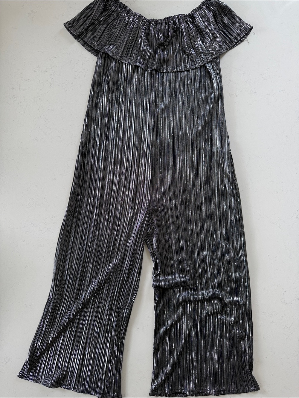 art class Metallic Pleated Off-Shoulder Jumpsuit in Charcoal
